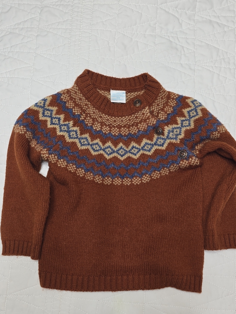 Edgehill Collection Brown Fair Isle Yoke Sweater with Blue and Cream Pattern
